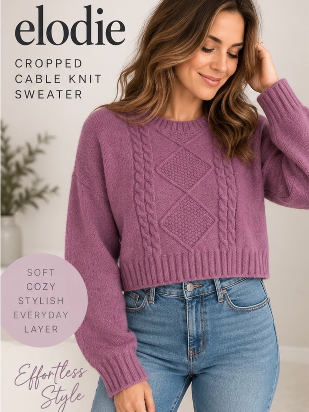 Elodie Cropped Cable-Knit Sweater in Dusty Mauve/Purple (XS)